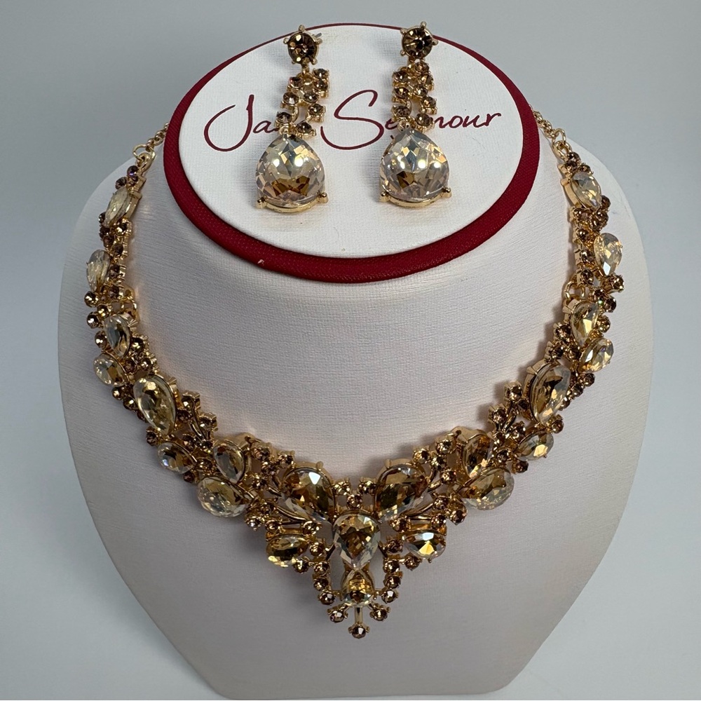 Champagne Crystal Bib Statement Necklace and Earring Set For Bridal Prom Pageant